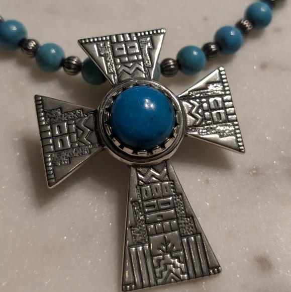 Carolyn Pollack & Roderick Tenorio Cross Enhancer Pendant w/ Turquoise Necklace - Picture 1 of 13